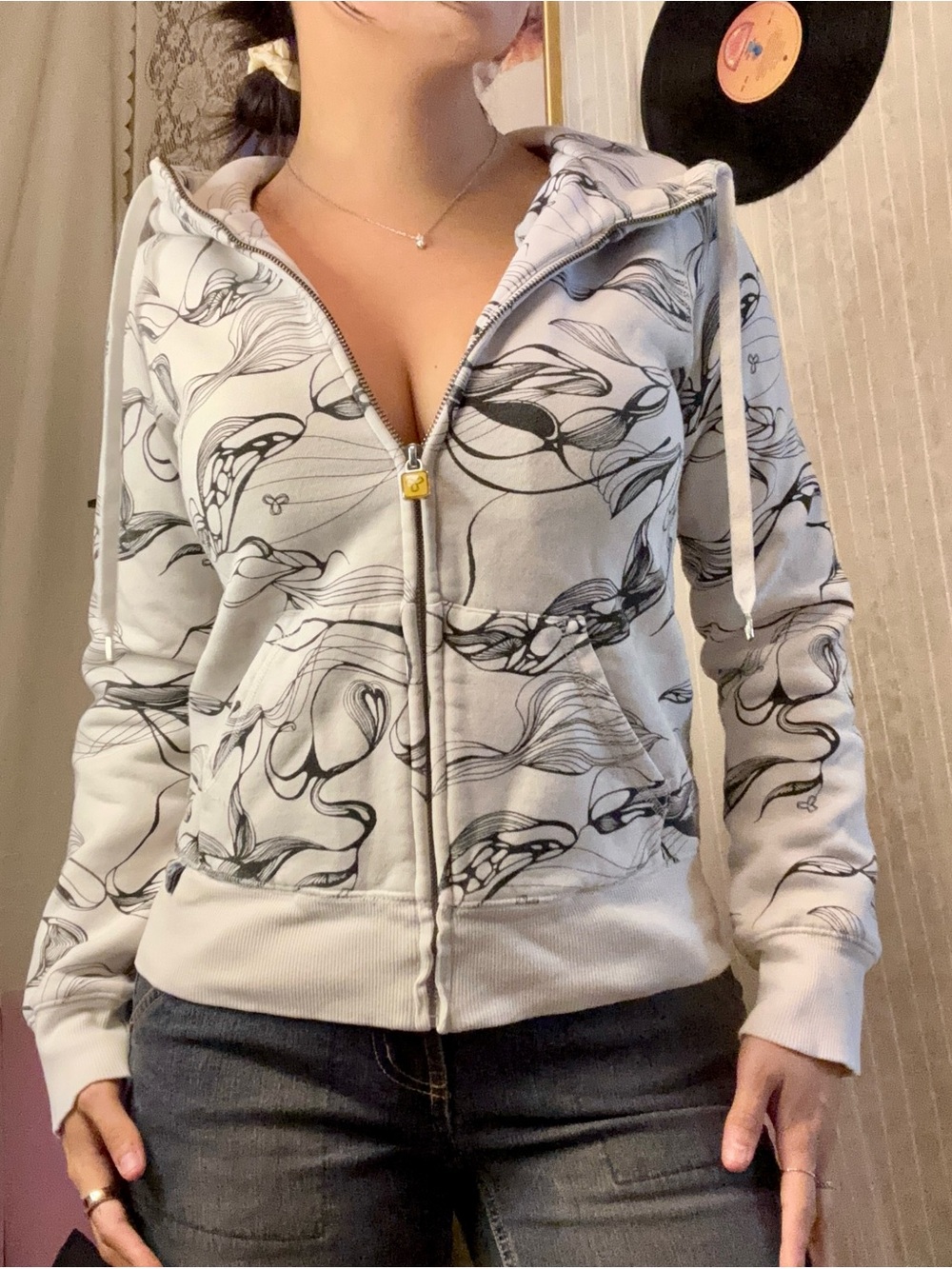 TNA Light Gray Zip-Up Hoodie with Black Swirl Graphic